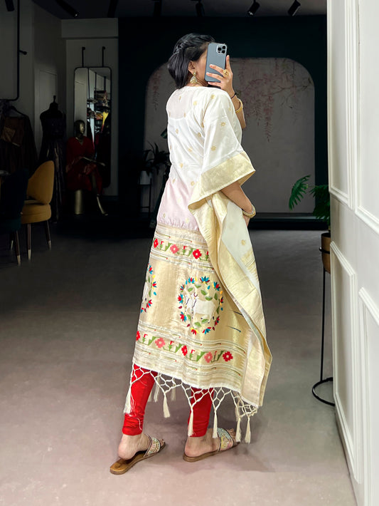 White Color Zari Weaving Work Jacquard Kaftan