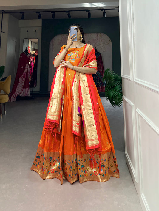 Orange Color Zari Weaving Work Jacquard Silk Dress