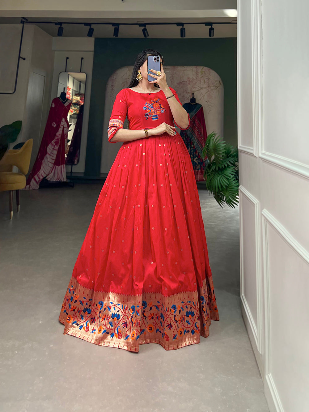 Red Color Zari Weaving Work Jacquard Silk Dress Semi-Stitch Red Color Zari Weaving Work Jacquard Silk Dress Semi-Stitch