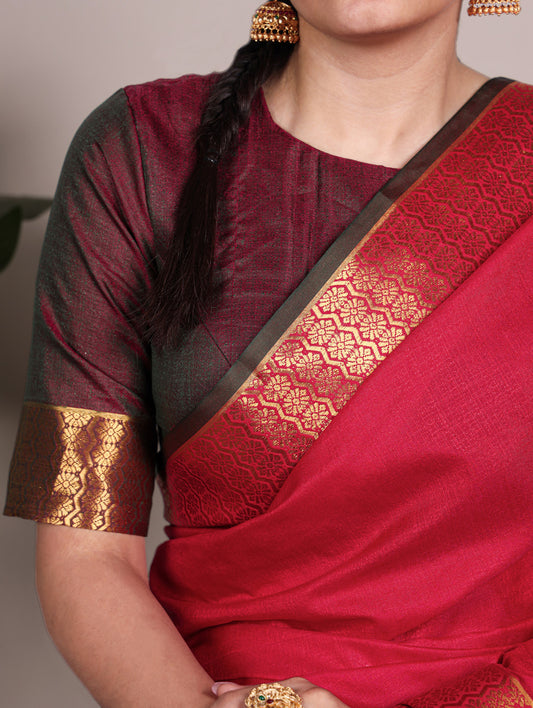 Red Color Zari Weaving Work Poly Cotton Saree By Yana Fab