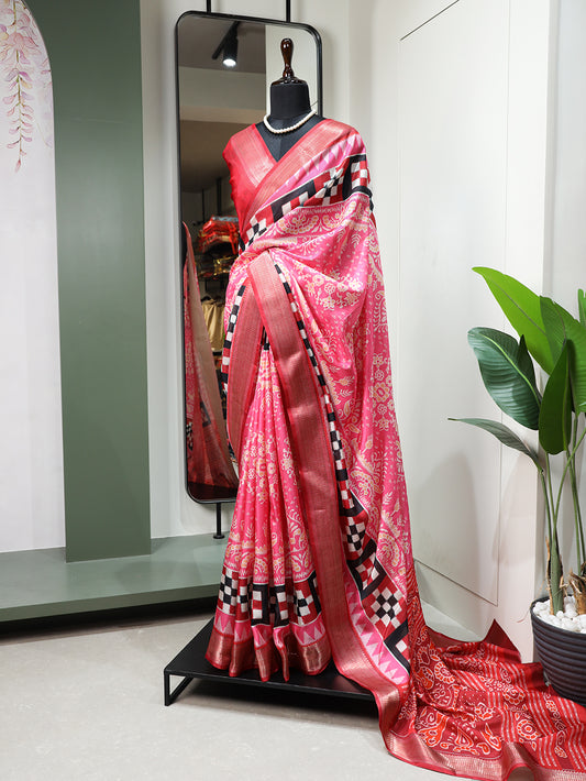Light Pink Color Printed With Zari Border Dola Silk Fancy Saree
