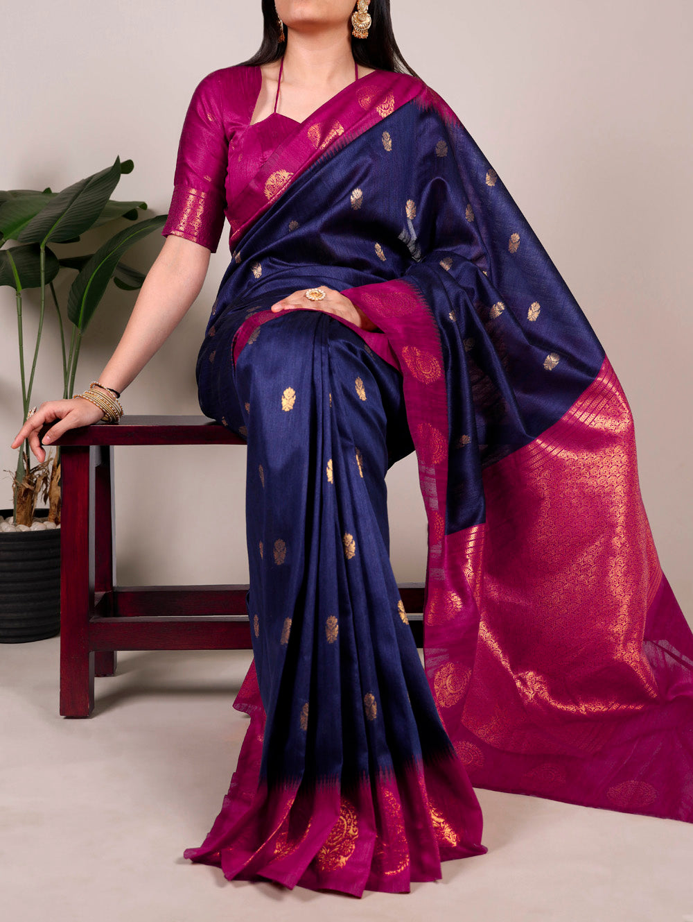 Navy Blue Color Poly Cotton Saree