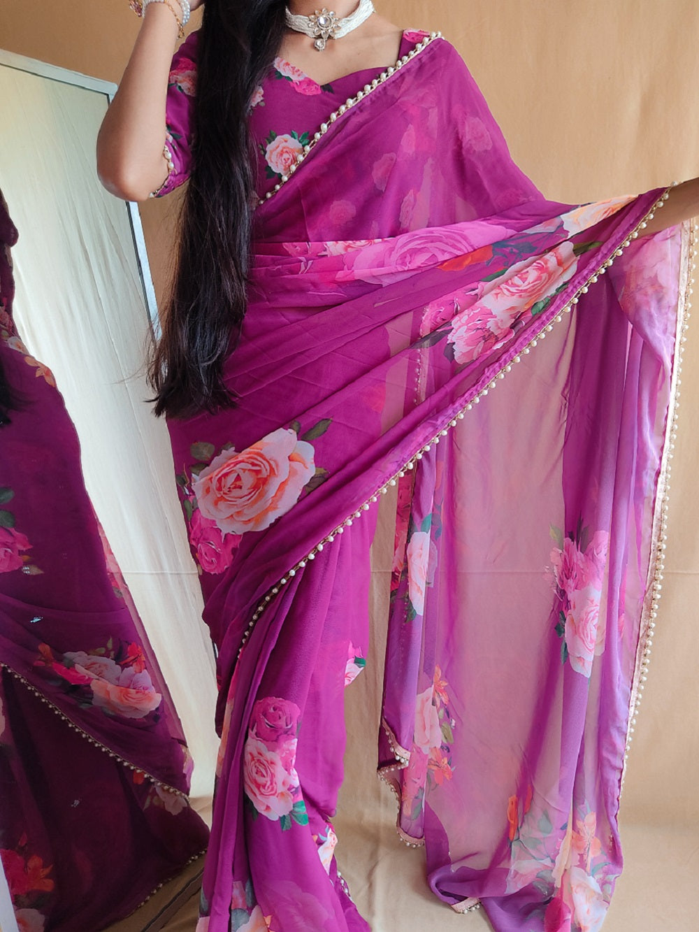 Purple Color Printed With Peral Lace Border Georgette Fancy Saree