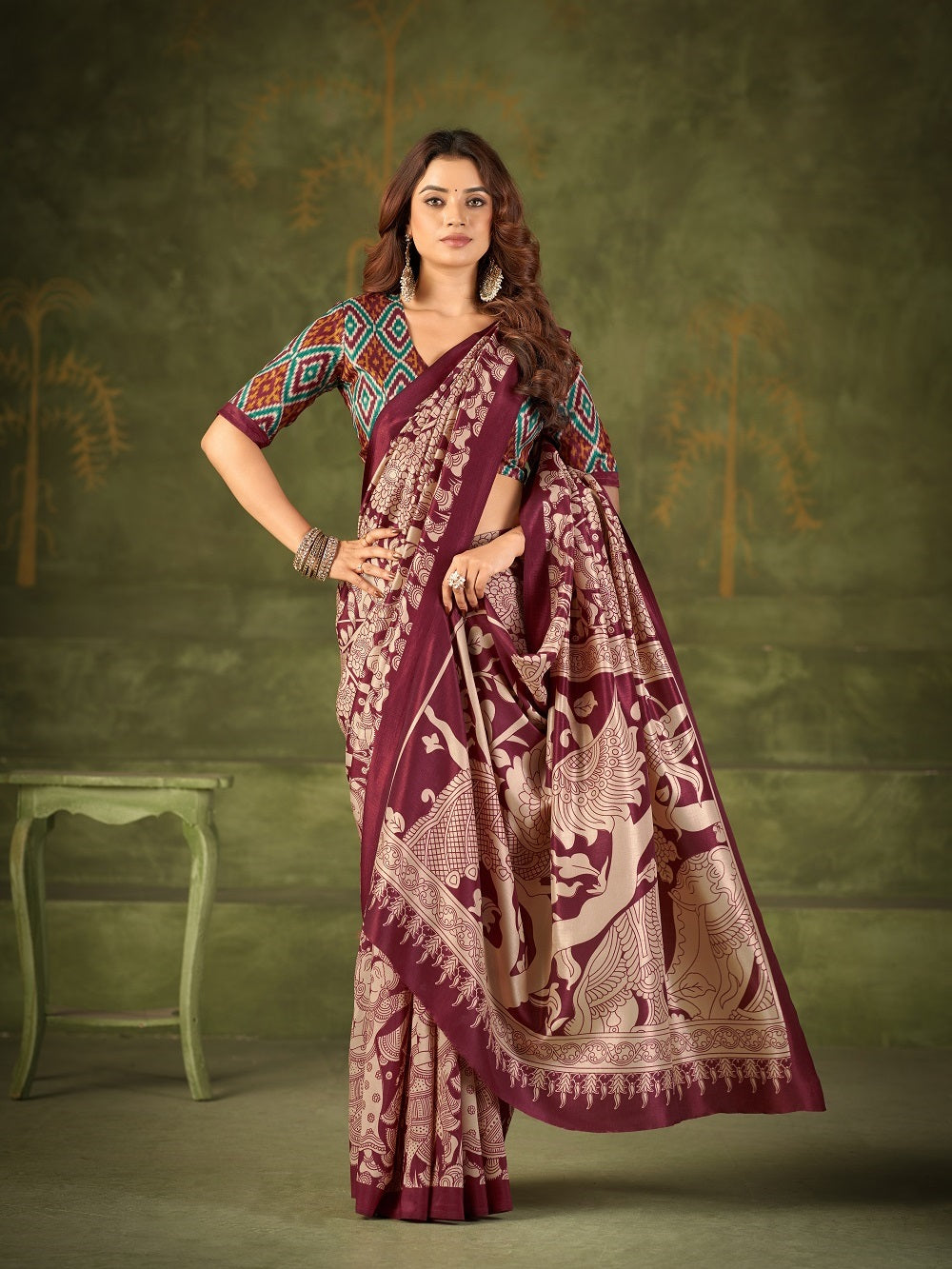 Maroon Color Kalamkai Print Saree