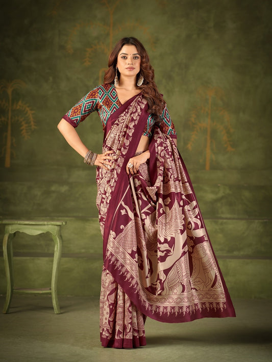 Maroon Color Kalamkai Print Saree