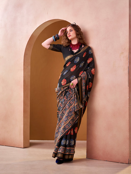 Black Color Trendy Printed Viscose Chanderi Saree