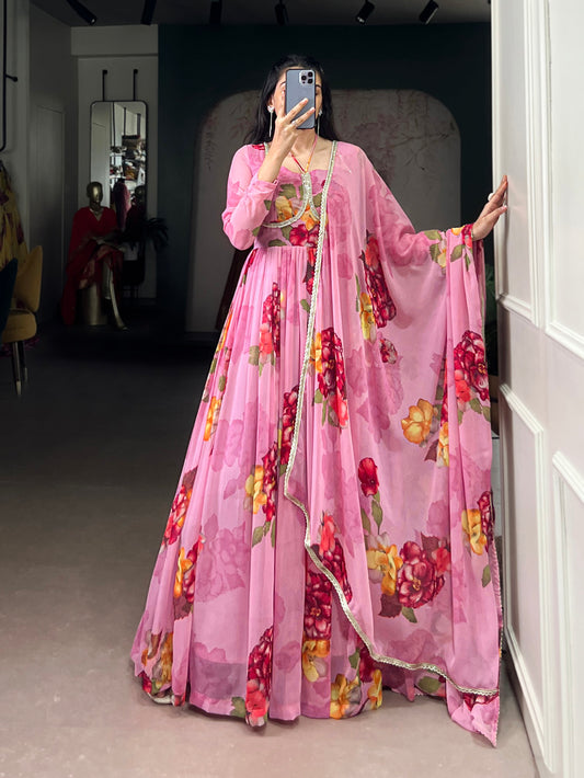 Light Pink Color Floral Print With Lace Border Chiffon Gown