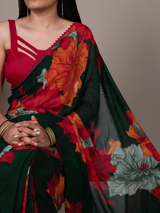 Red Color Floral Print With Lace Border Weightless Marbel Saree