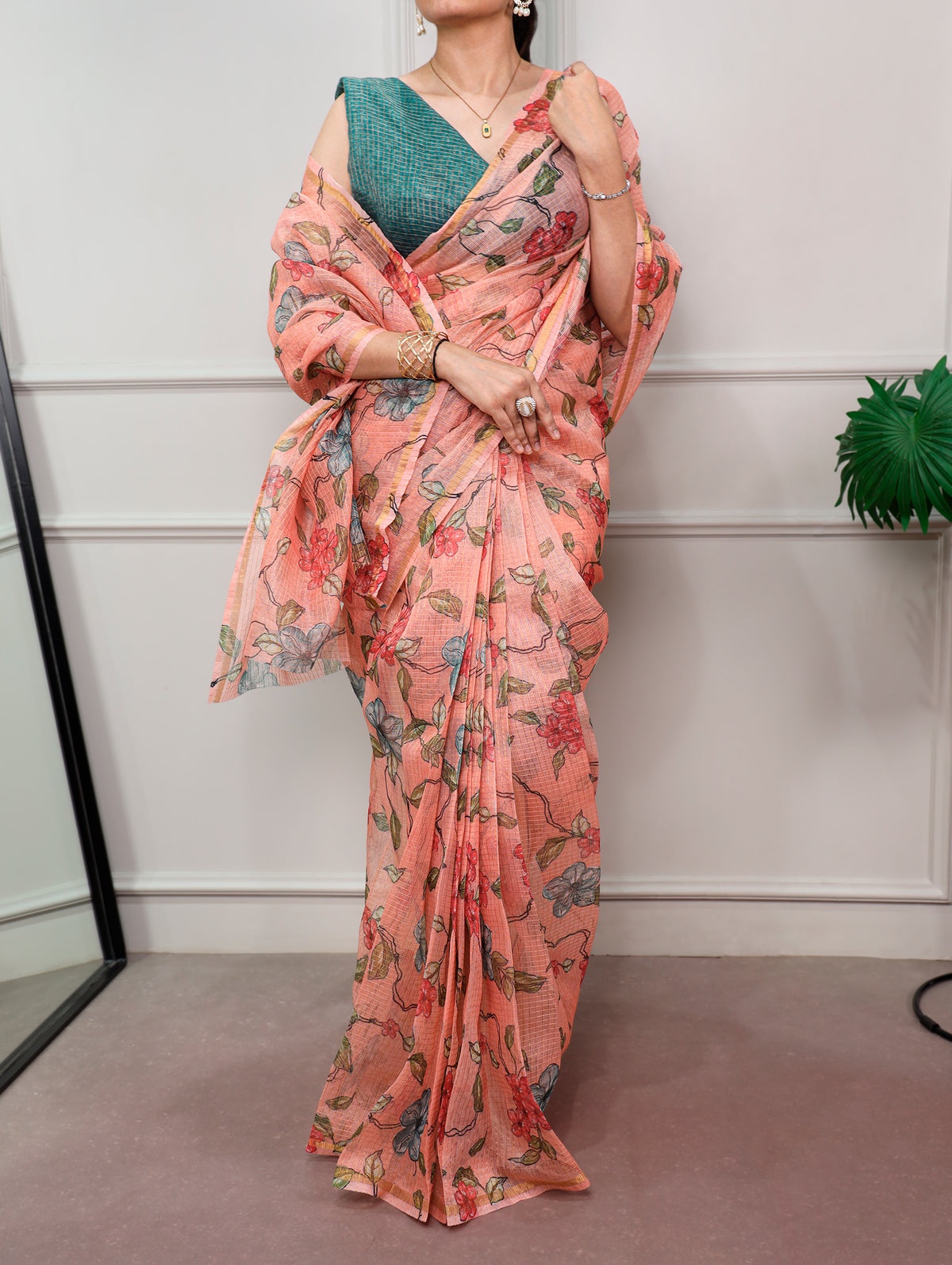 Wedding Wear Kota Doria Peach Color Saree
