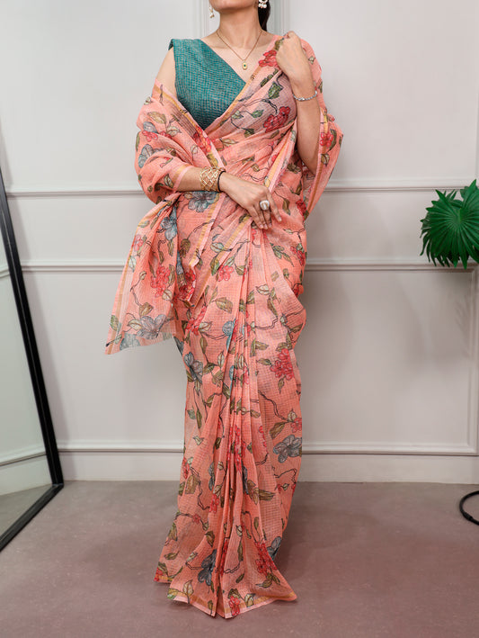 Wedding Wear Kota Doria Peach Color Saree
