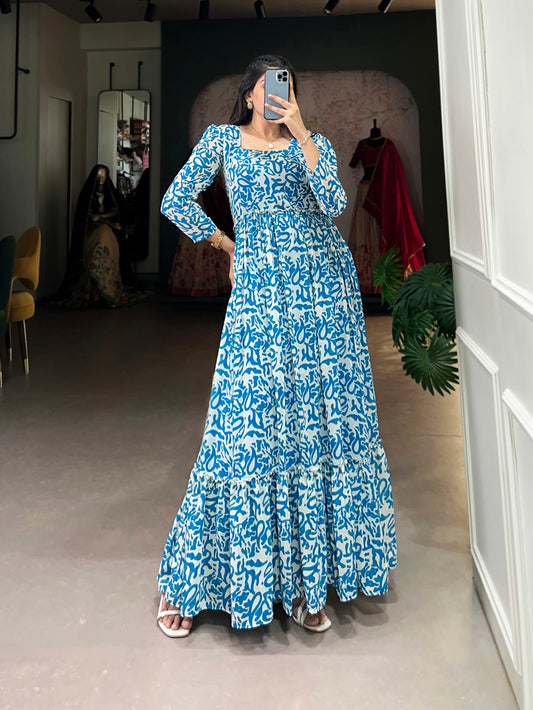 Blue Color Printed Georgette Long Dress