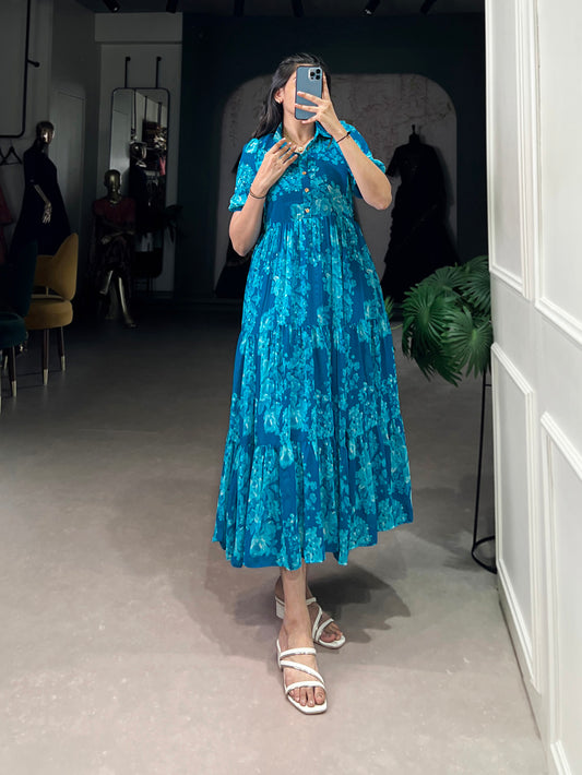 Blue Color Floral Printed Georgette Summer Collection