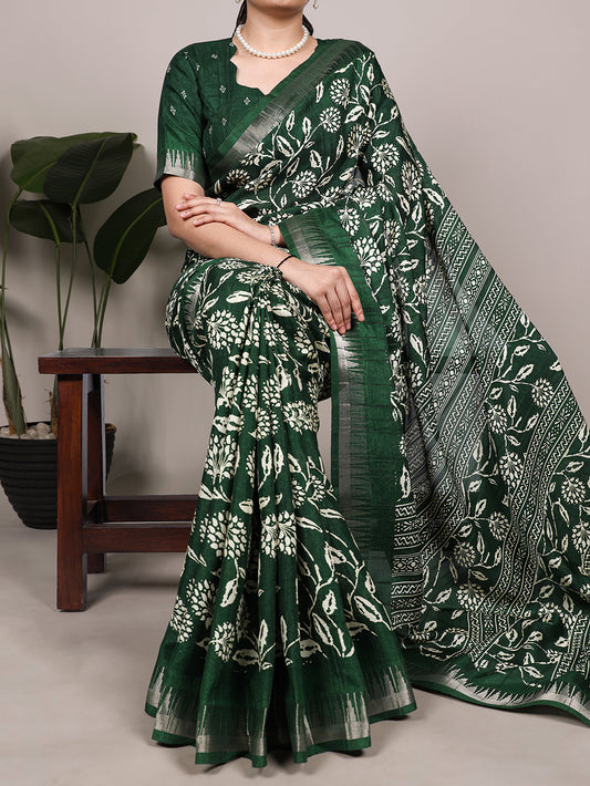 Green Color Floral Printed Slub Silk Saree