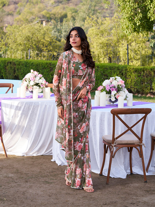 Mehandi Color Printed With Peral Lace Border Weightless Marbal