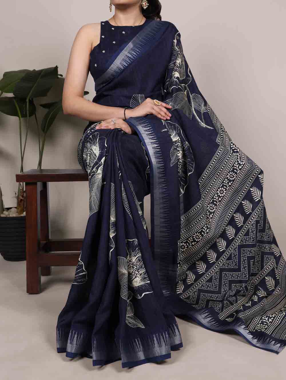 Navy Blue Color Printed Slub Silk Saree