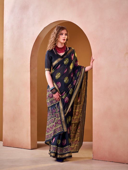 Navy Blue Color Indian Wear Printed Saree