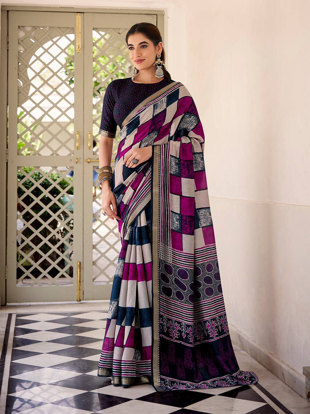 Navy Blue Color Printed With Temple Border Polyester Viscose Chanderi Saree