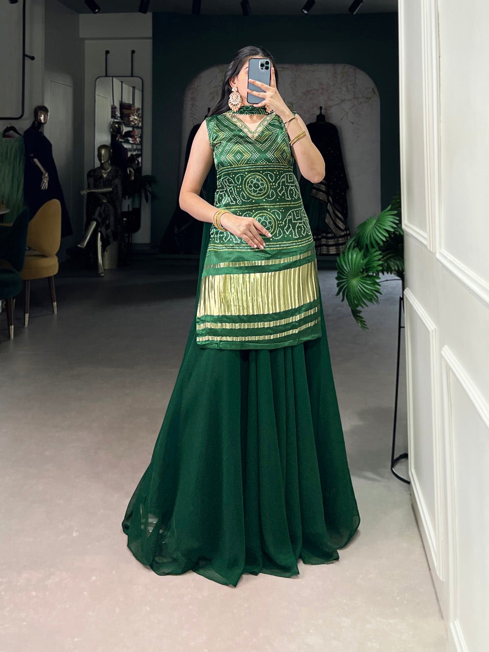 Green Color Printed And Handwork Gaji Silk Salwar Suit
