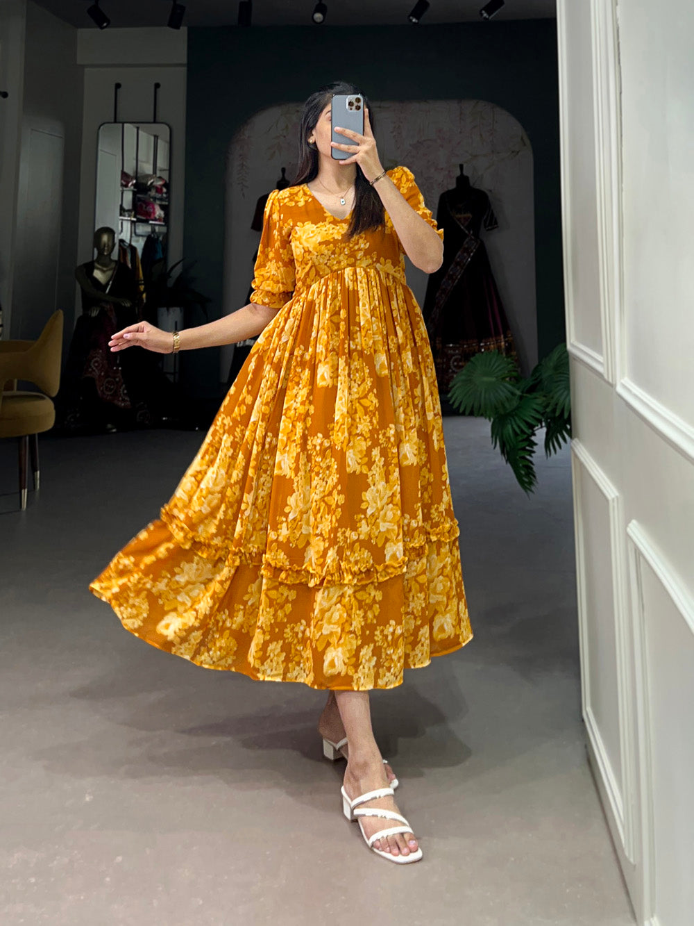 mustard color dress Mustard Color Floral Printed Georgette Dress
