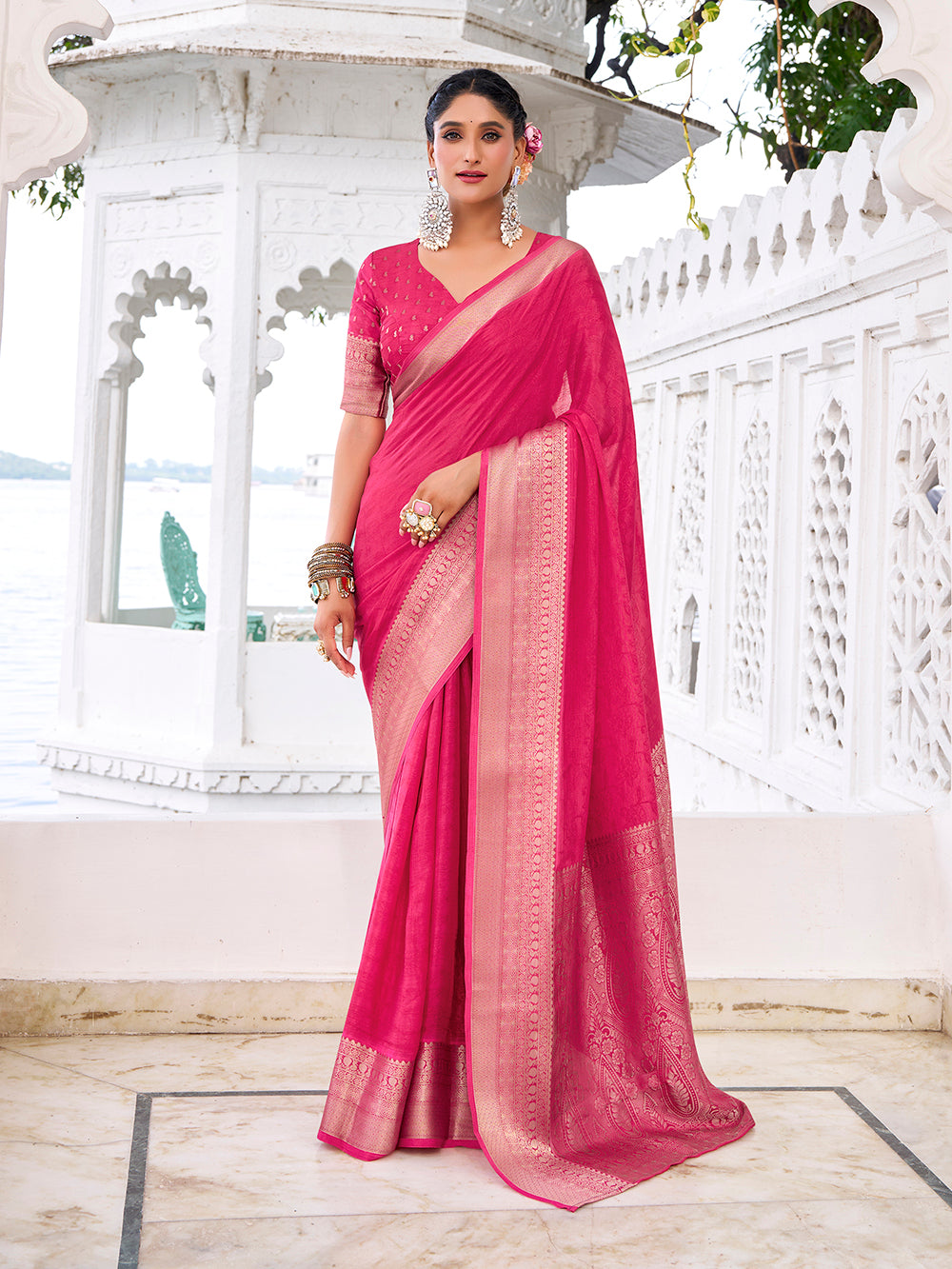 Pink Color Self Printed With Zari Weaving Work Chinon Saree