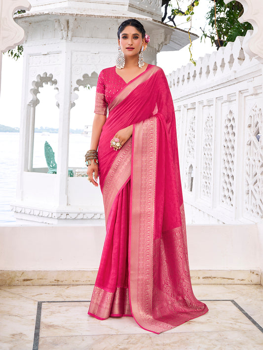 Pink Color Self Printed With Zari Weaving Work Chinon Saree