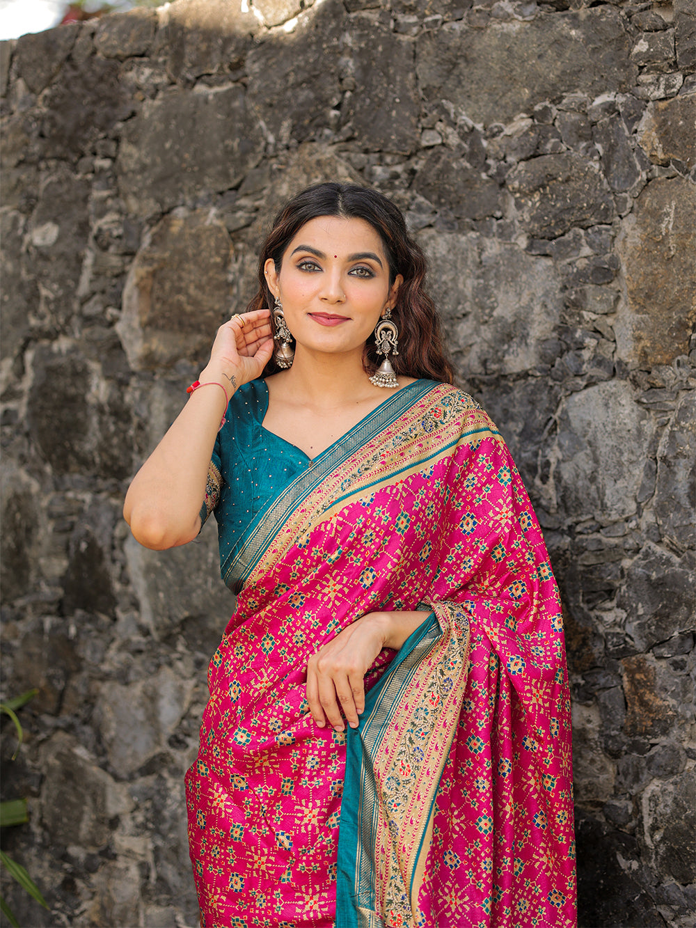 Pink Color Foil Printed And Stone Work Dola Silk Saree