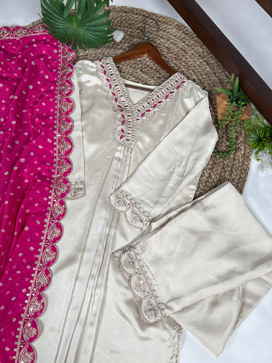 Cream Color Sequince And Thread Embroidery Work Moonga Silk Salwar Suit