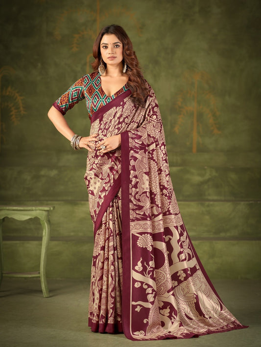 Maroon Color Kalamkai Print Saree