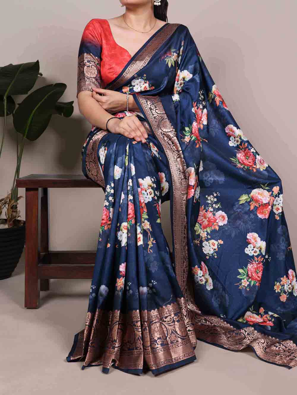 Navy Blue Color Tasar Silk Saree