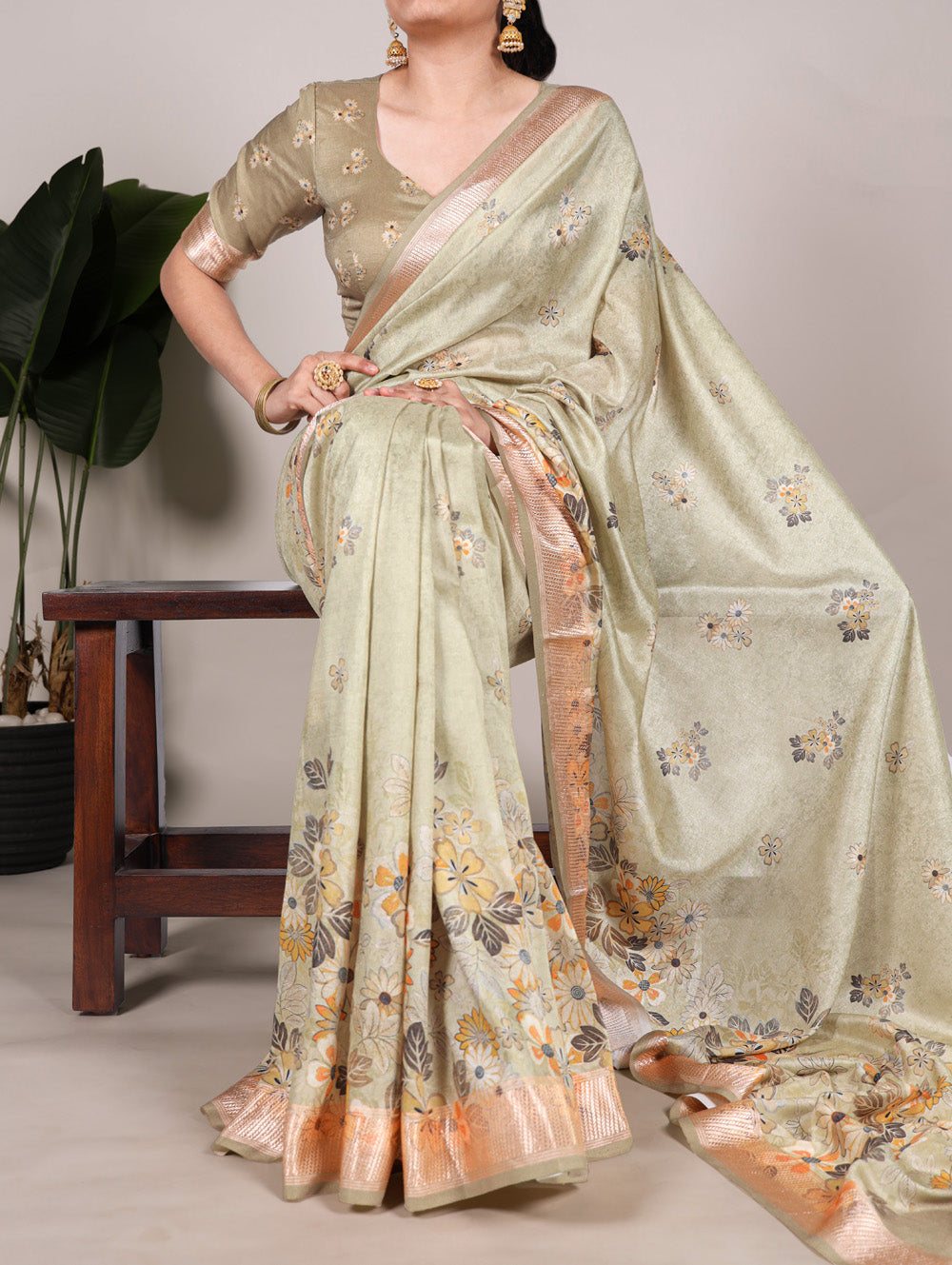 Tea Color Printed Tussar Silk With Viscose Border Saree