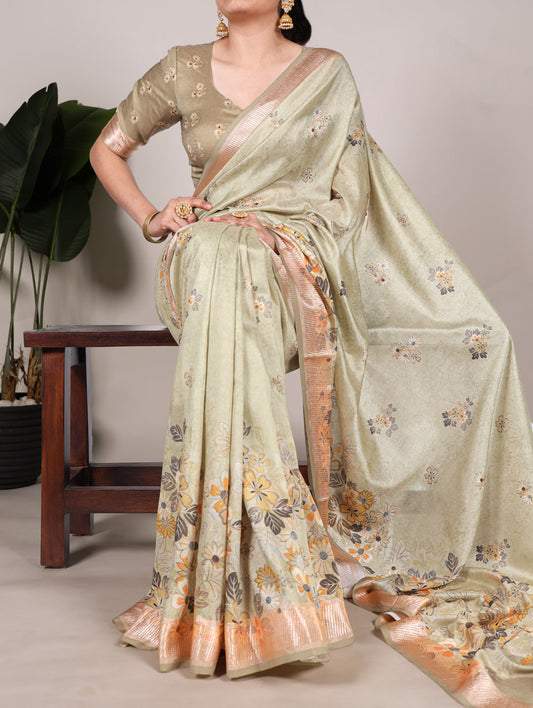 Tea Color Printed Tussar Silk With Viscose Border Saree