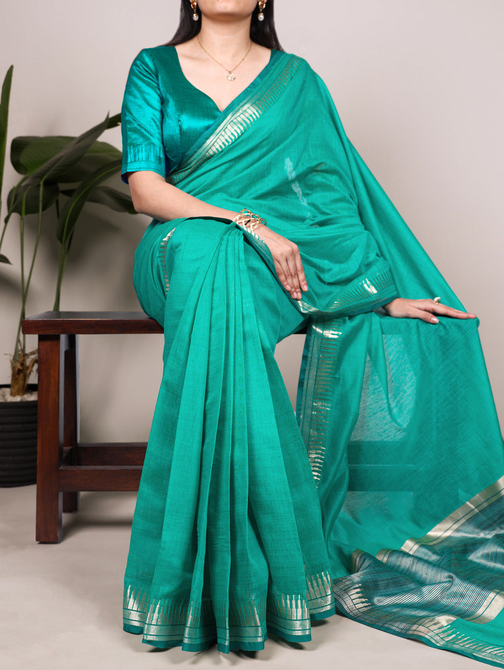 Teal Color Cotton Silk Saree