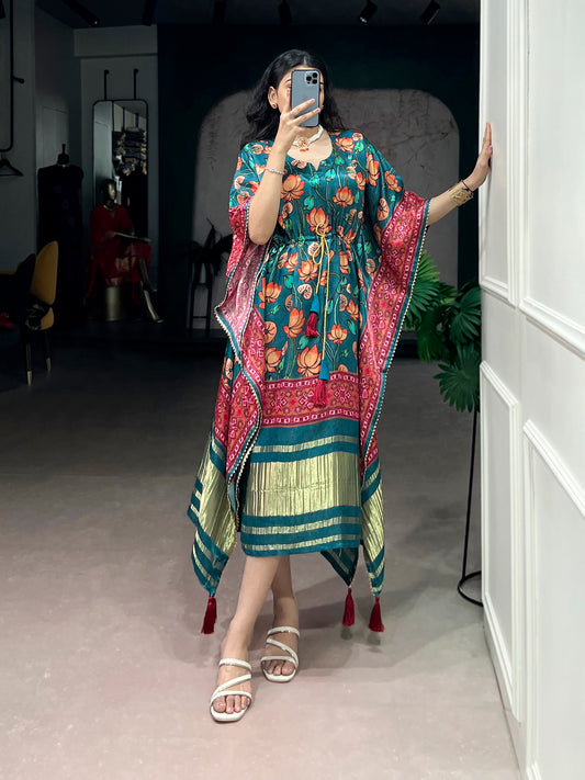 Teal Color Digital Printed Pure Gaji Silk Kaftan