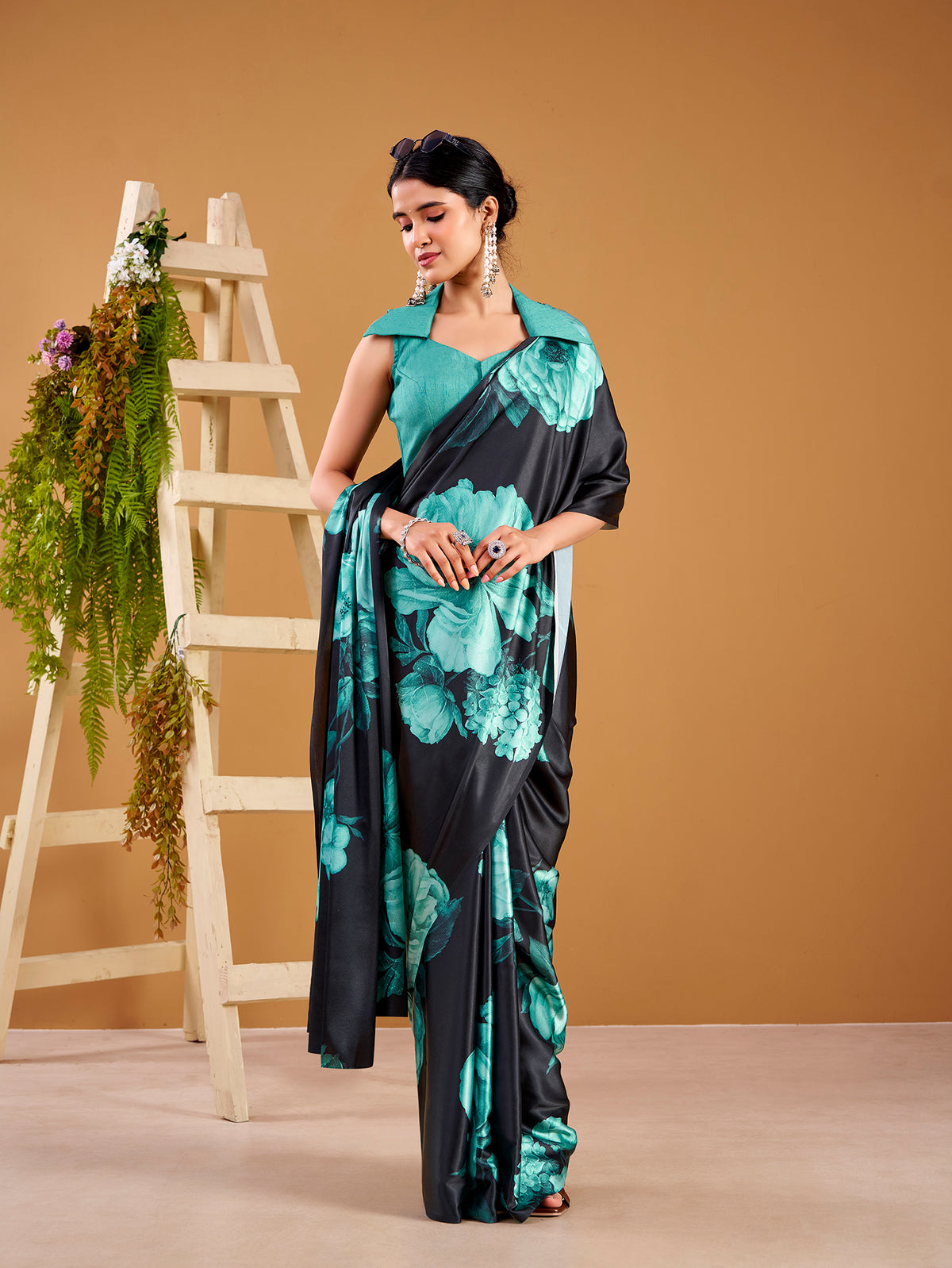 Teal Color Floral Printed Satin Silk Saree