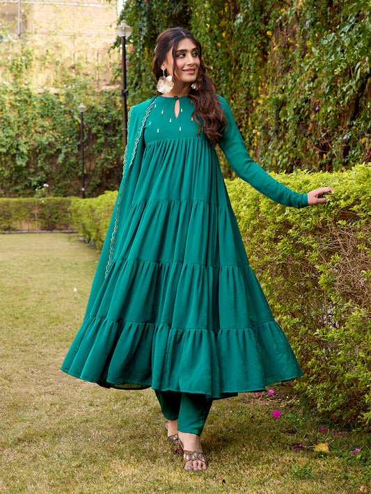 Teal Color Foil Work Marbel Gown