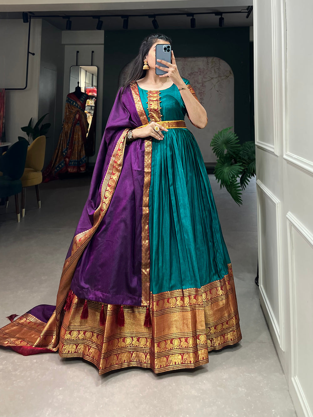 Teal Color Zari Weaving Work Narayan Pet Cotton Traditional Dress