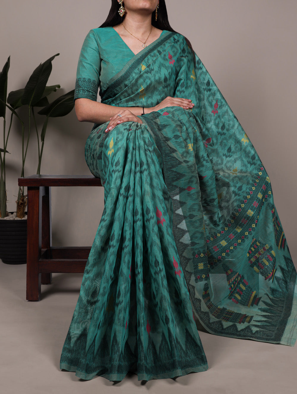 Teal Color Thread Weaving Work Poly Cotton Saree