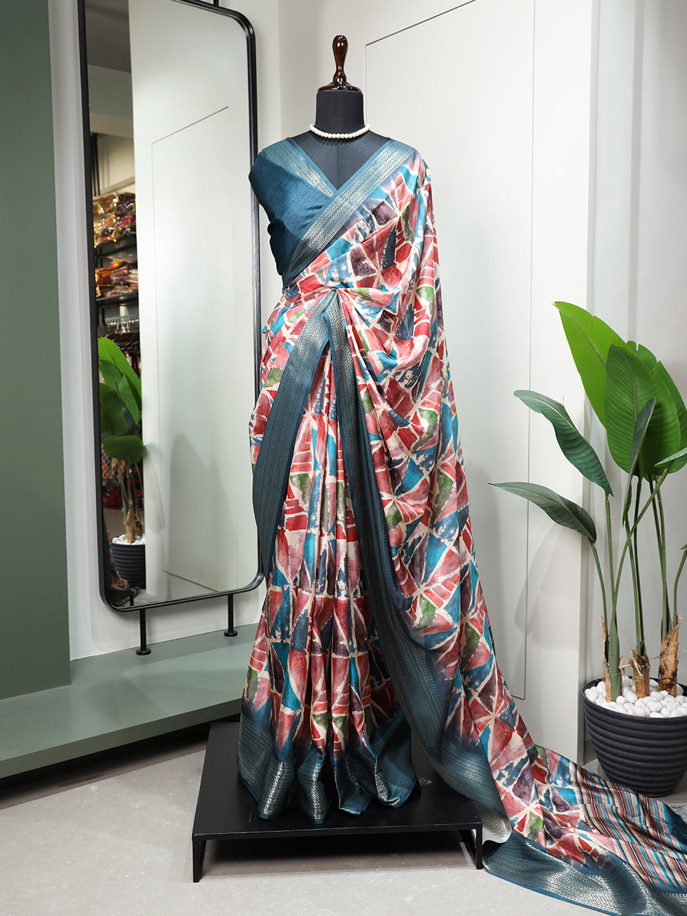Teal Color Printed With Zari Border Dola Silk Saree