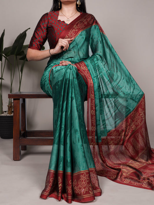 Teal Color Printed Rangoli Silk Saree