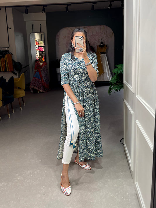 Teal Color Foil and Printed Rayon Cotton Dress