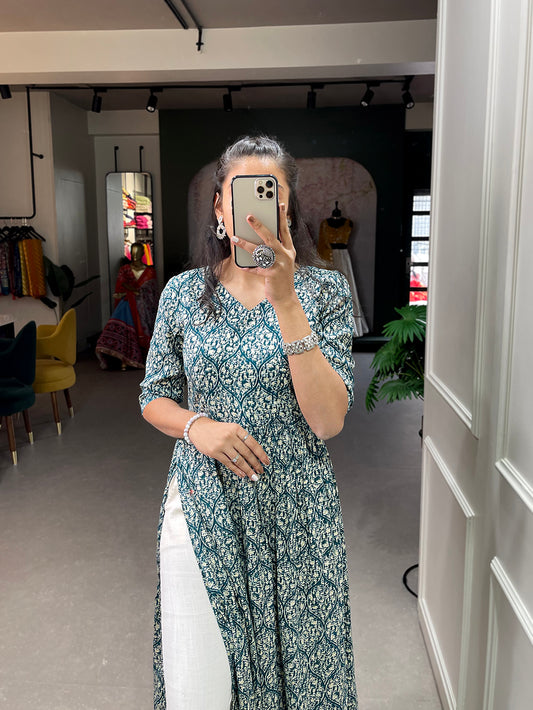 Teal Color Foil and Printed Rayon Cotton Dress