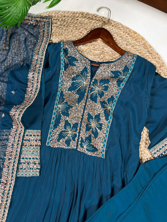 Teal Color Sequince And Thread Embroidery Work Roman Silk Salwar Kameez