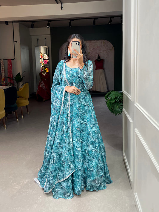 Teal Color Floral Print Silver Chiffon Dress