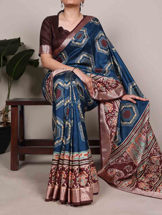 Teal Color Festival Wear Tasar Silk Saree