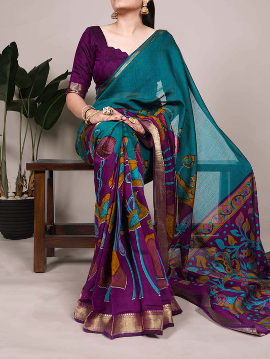 Teal Color Tradition Floral Printed With Zari Weaving Work Viscose Chanderi Saree