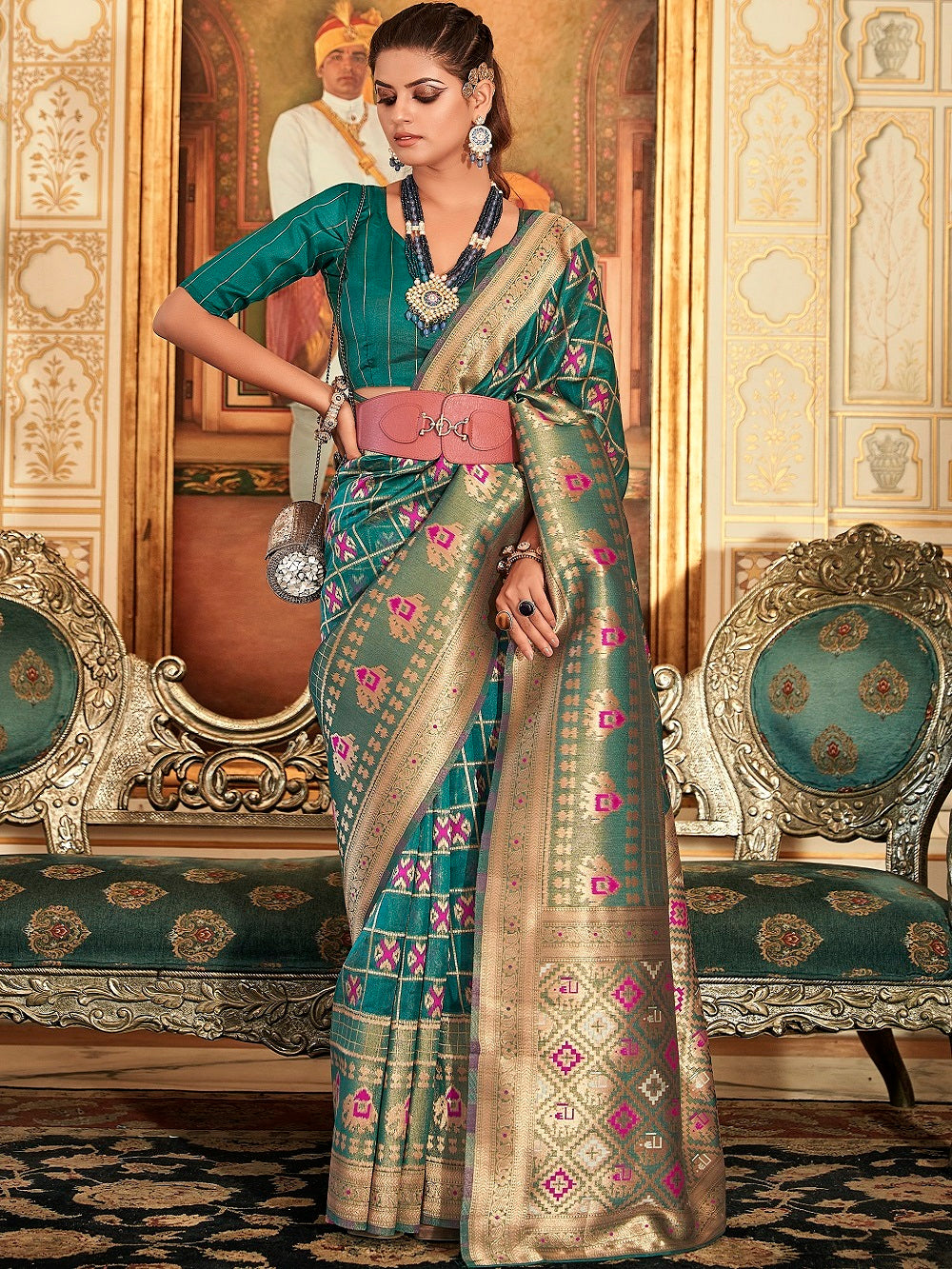 Teal Color Weaving Work Organza Saree