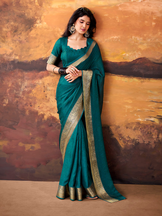Teal Color Zari Weaving Work Mass Mello Saree