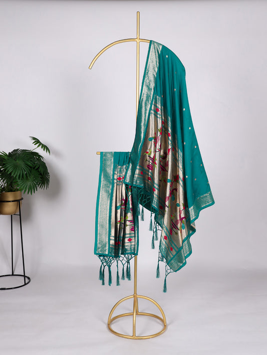 Teal Color Weaving Zari Work Jacquard Silk With Paithani Dupatta