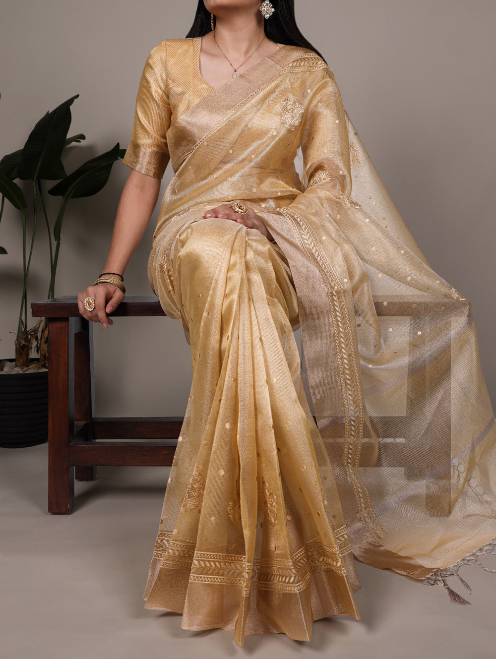 Yellow Color Thred Embroidery Work Poly Shimmer Saree