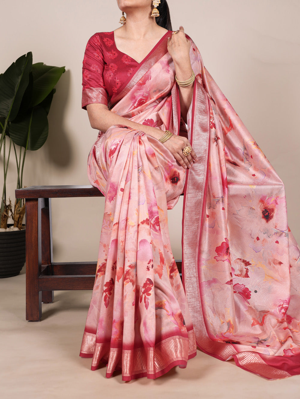 Tomato Color Printed Tussar Silk With Viscose Border Saree